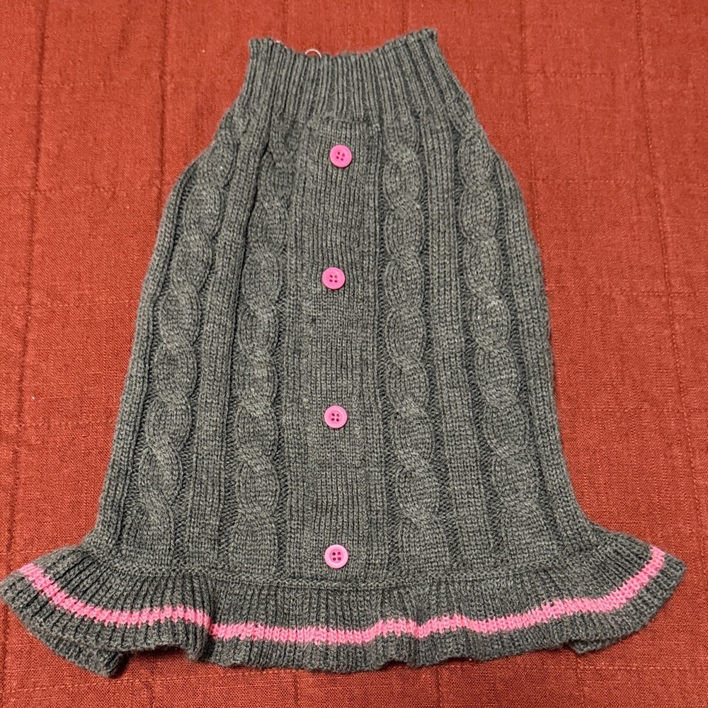 Gray Cable Knit Dog Sweater with Pink Buttons